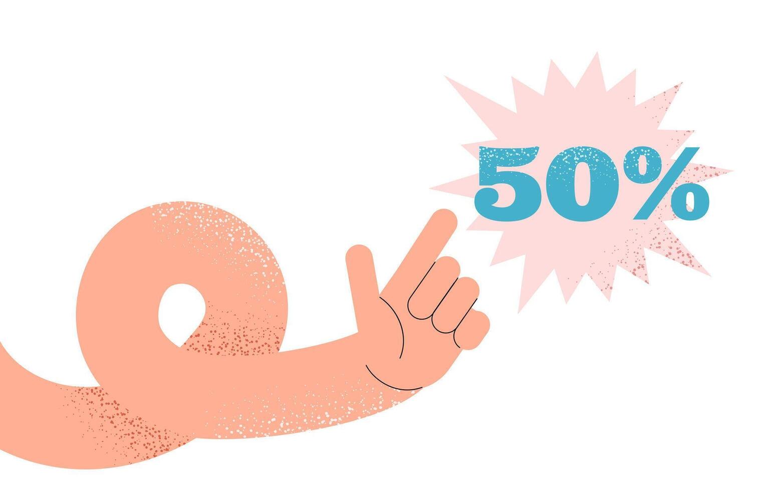 Discount and sale. Textured human hand points with index finger to 50 percent discount. Flat illustration vector