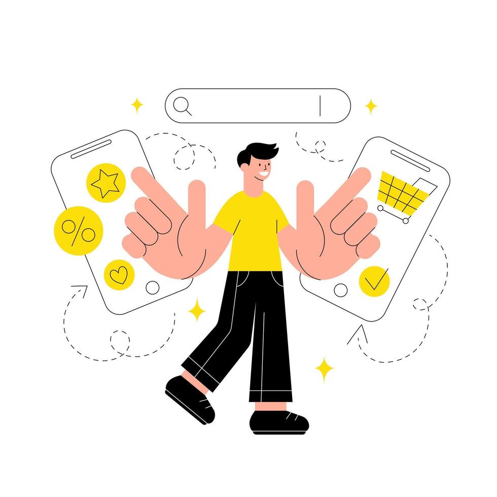Online shopping concept in smartphone. Man buys in online store with discounts via mobile. Flat illustration isolated on white background vector