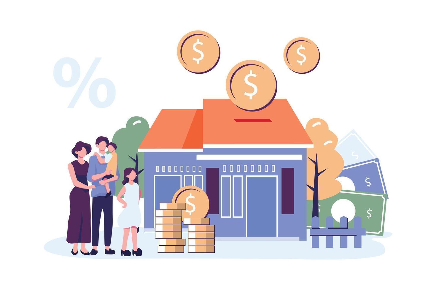 Family buying real estate with mortgage and paying credit to bank flat style illustration design vector