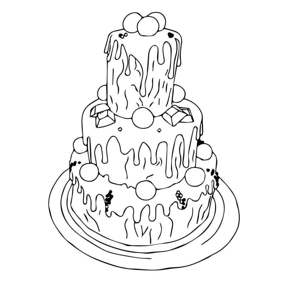 Three-tier cake decorated with chocolate candies, sprinkles, and almonds. illustration in doodle style isolated on white background. vector