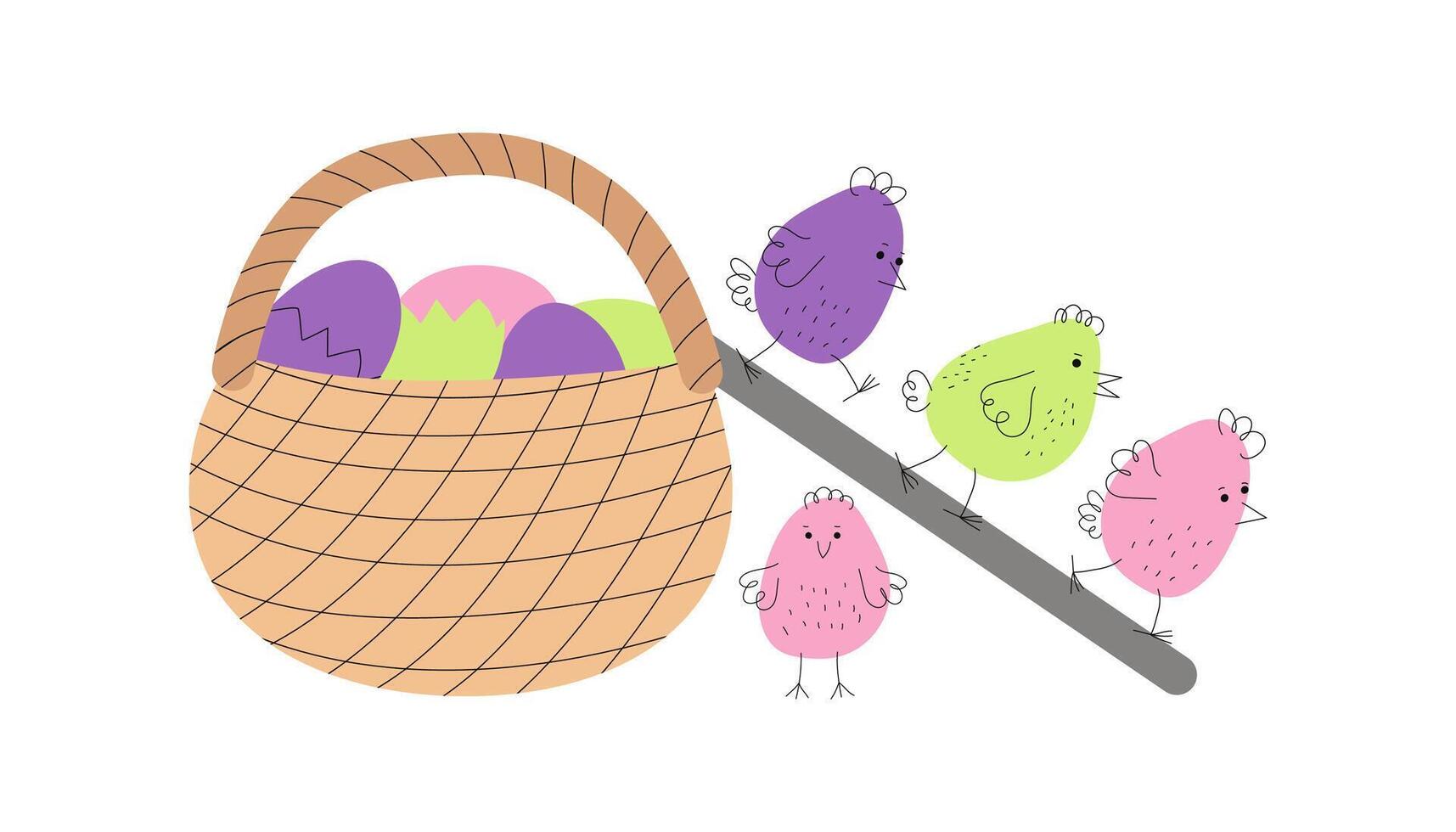 Set of colorful chickens, basket with eggs. Cartoon funny chickens, animals, poultry. Hand drawn linear doodle icons. Easter design. vector