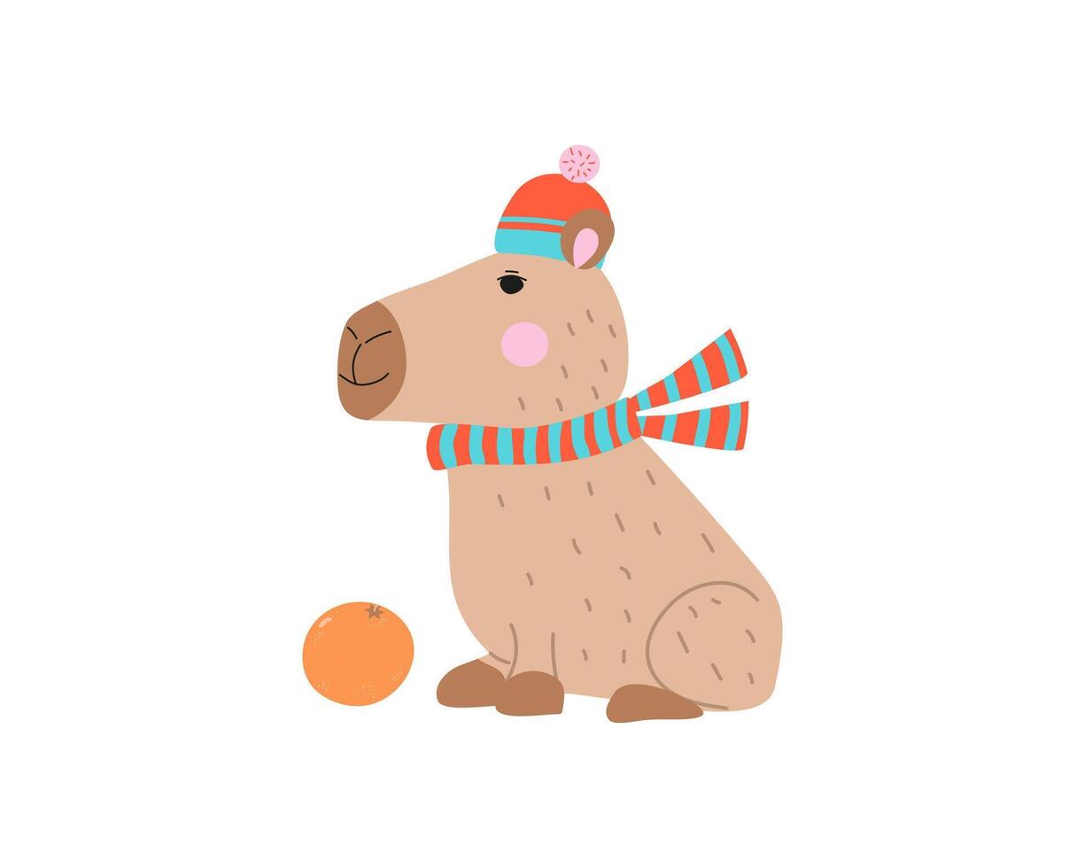Funny cartoon capybara in warm clothes. Knitted hat and scarf. and orange. Animal, fruit, children's illustration, postcard design in flat style. vector