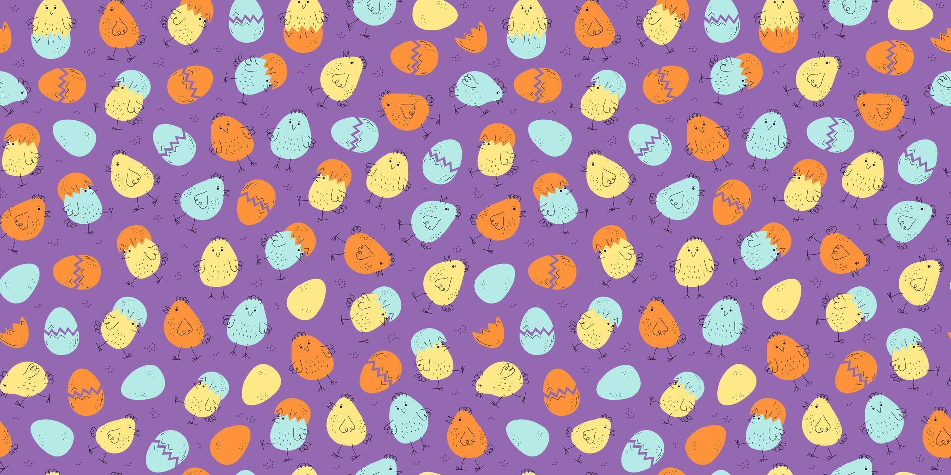 Pattern cartoon colorful chickens, repeating background. Animals, poultry. Set of little chickens, painted eggs. Hand drawn linear doodle icons. Easter design, seamless texture. vector