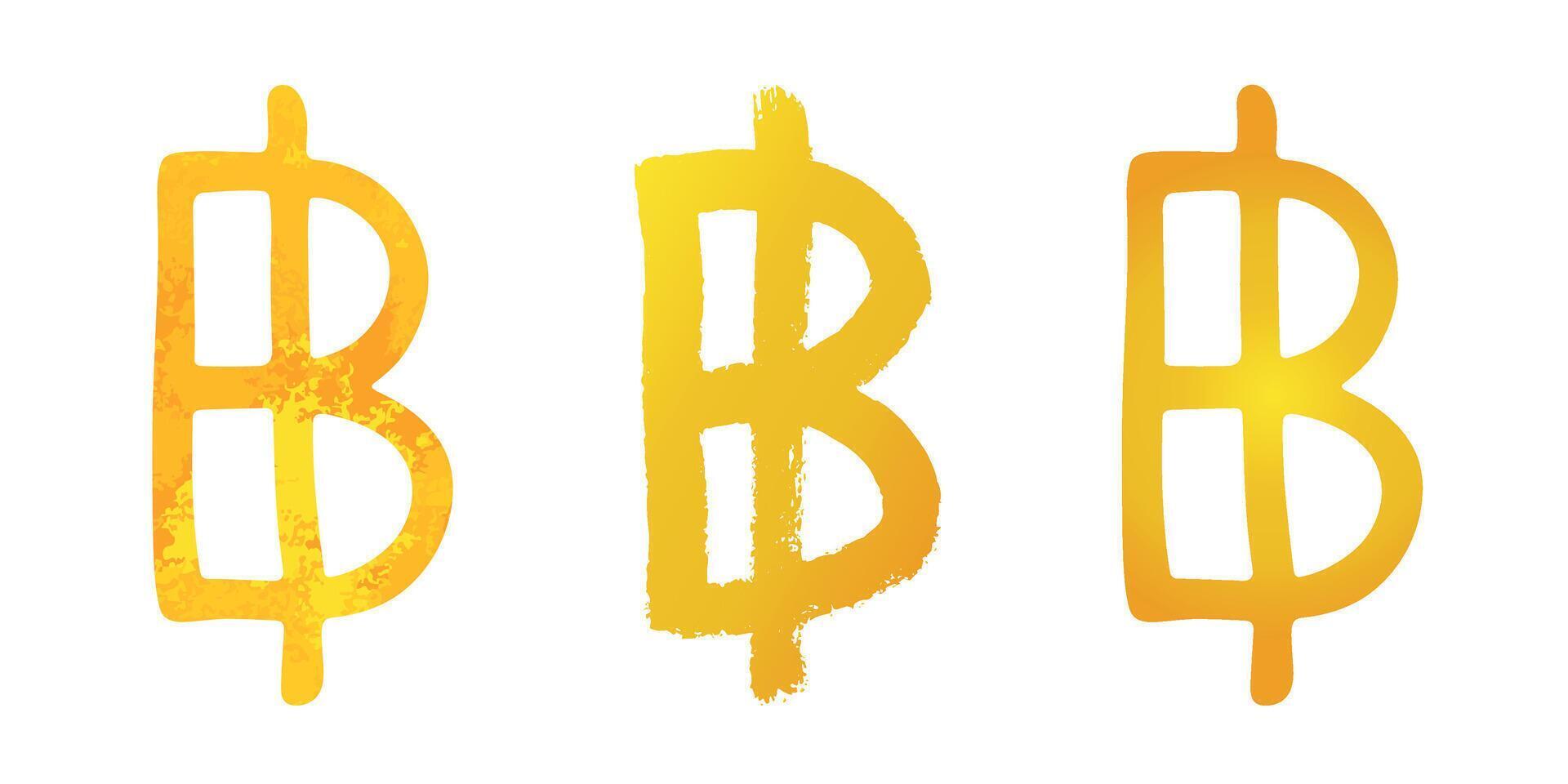 Hand drawn thai baht gold currency symbol set Brush stroke doodle Single element for design vector