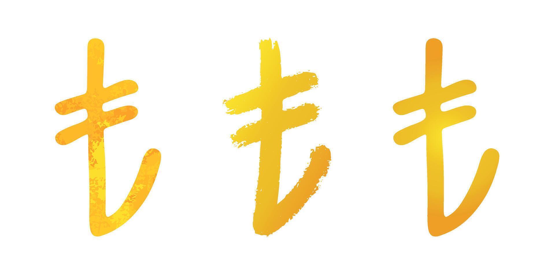 Hand drawn turkish lira gold currency symbol set Brush stroke doodle Single element for design vector