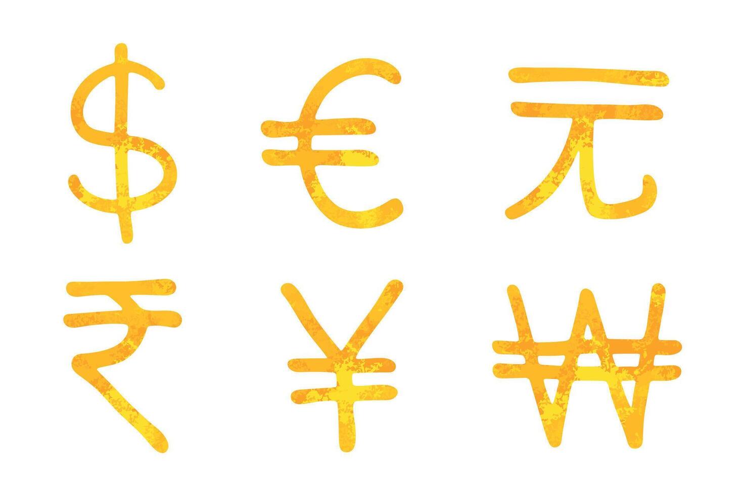 Hand drawn multiple gold currencies symbol set Dollar euro yuan yen won rupee vector