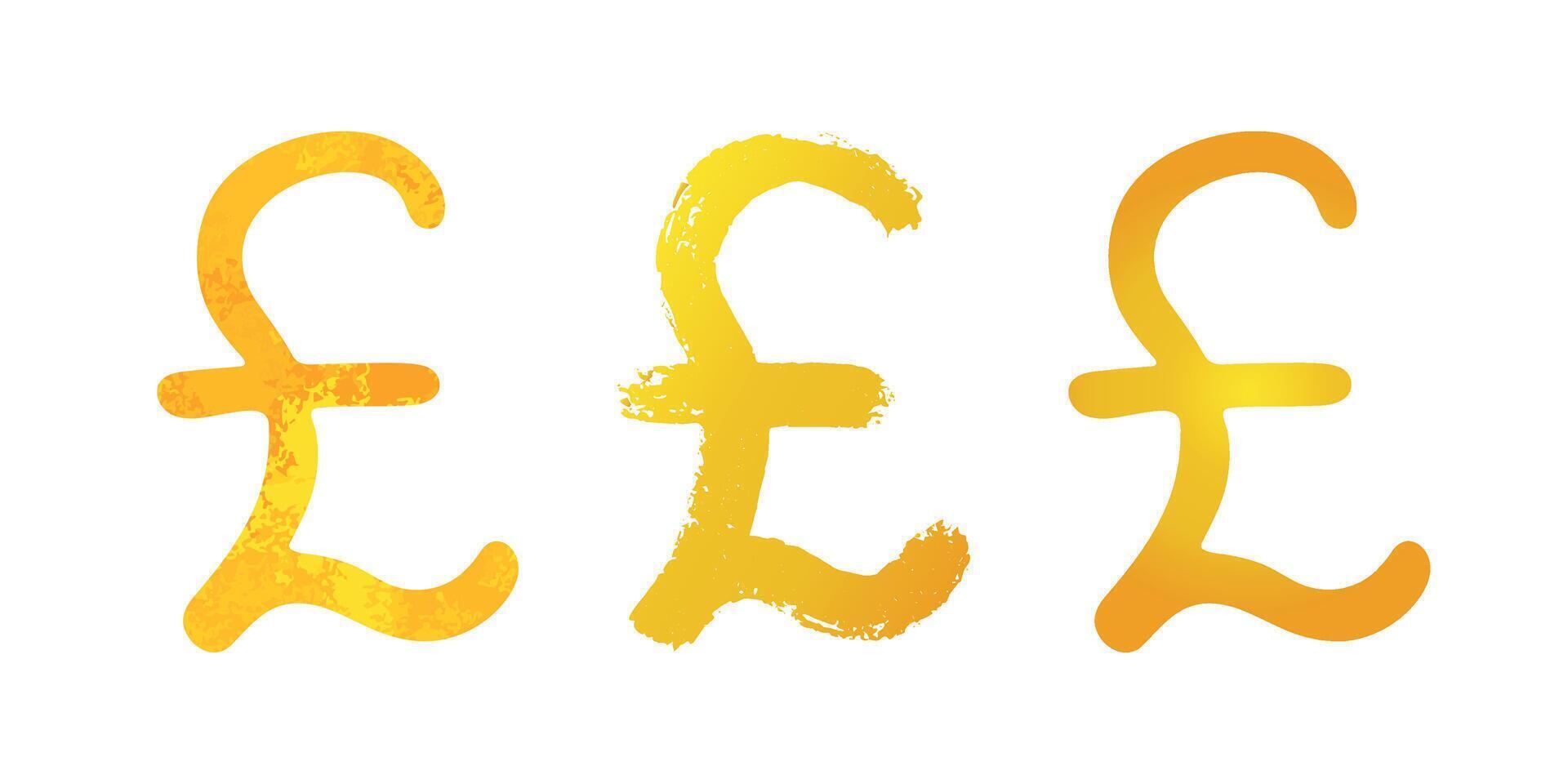 Hand drawn british pound gold currency symbol set Brush stroke doodle Single element for design vector