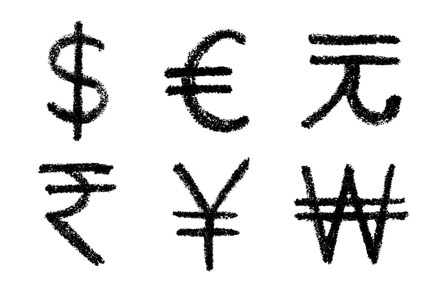 Hand drawn multiple currencies symbol set Dollar euro yuan yen won rupee vector