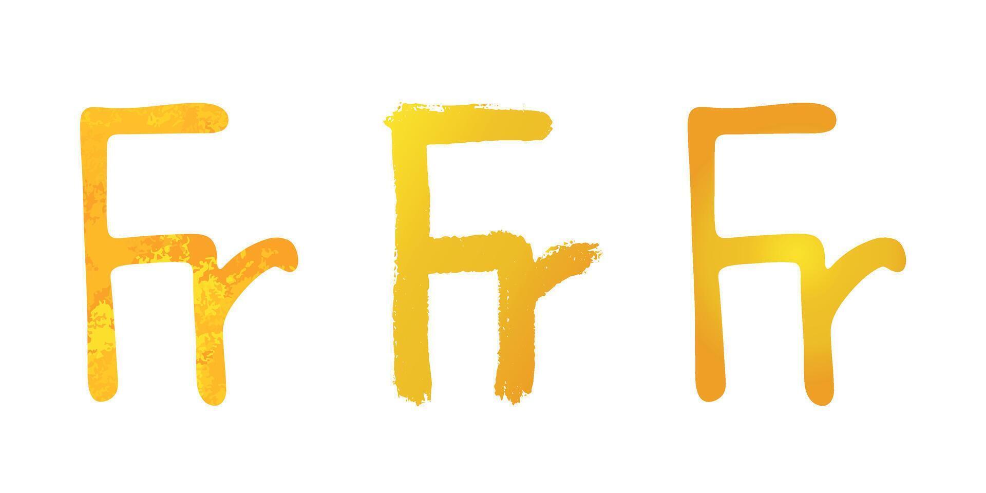 Hand drawn french franc gold currency symbol set Brush stroke doodle Single element for design vector