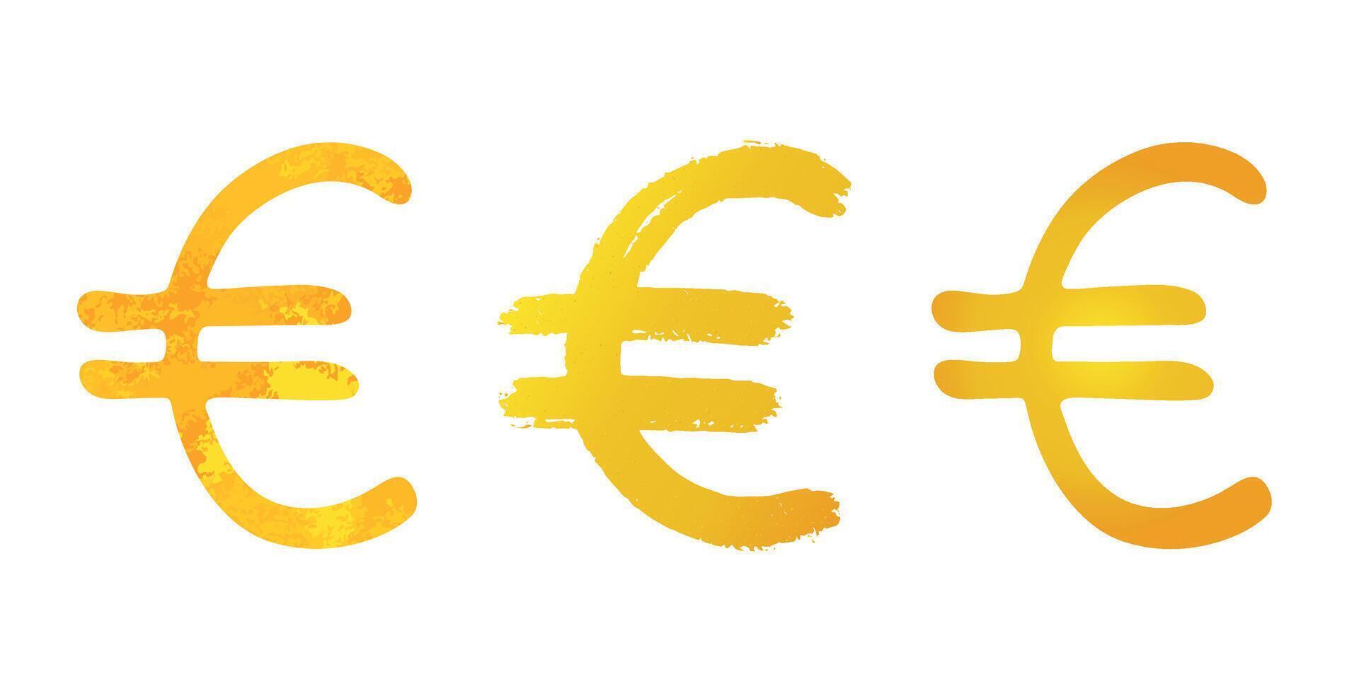 Hand drawn euro gold currency symbol set Brush stroke doodle Single element for design vector