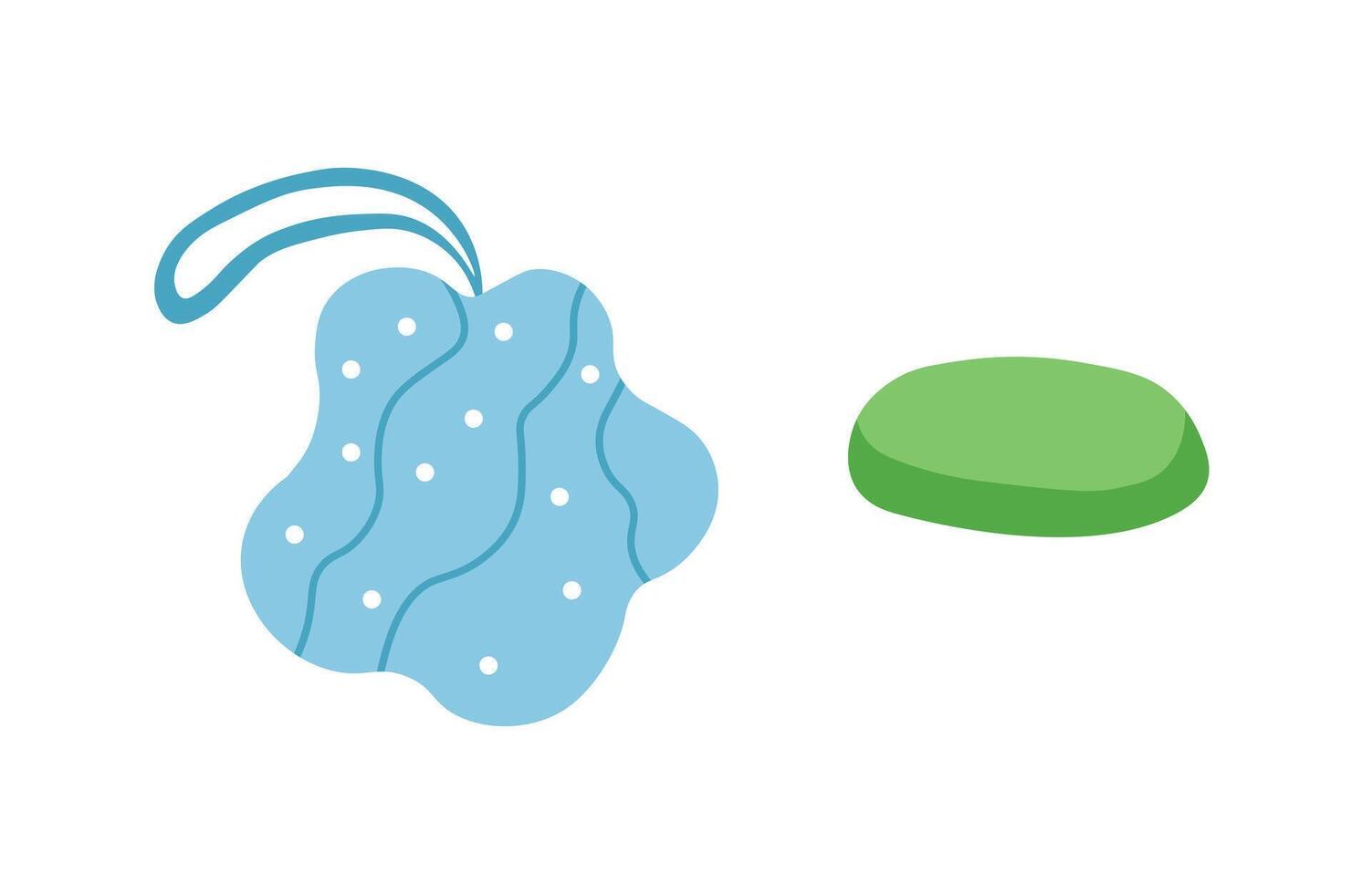 illustration of a blue bath sponge with string and a green soap bar for personal hygiene vector