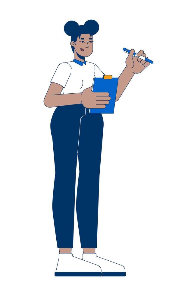 Business casual black woman holding clipboard pen 2D cartoon character. African american corporate female writing notes isolated person flat on white background. Spot illustration colorful vector