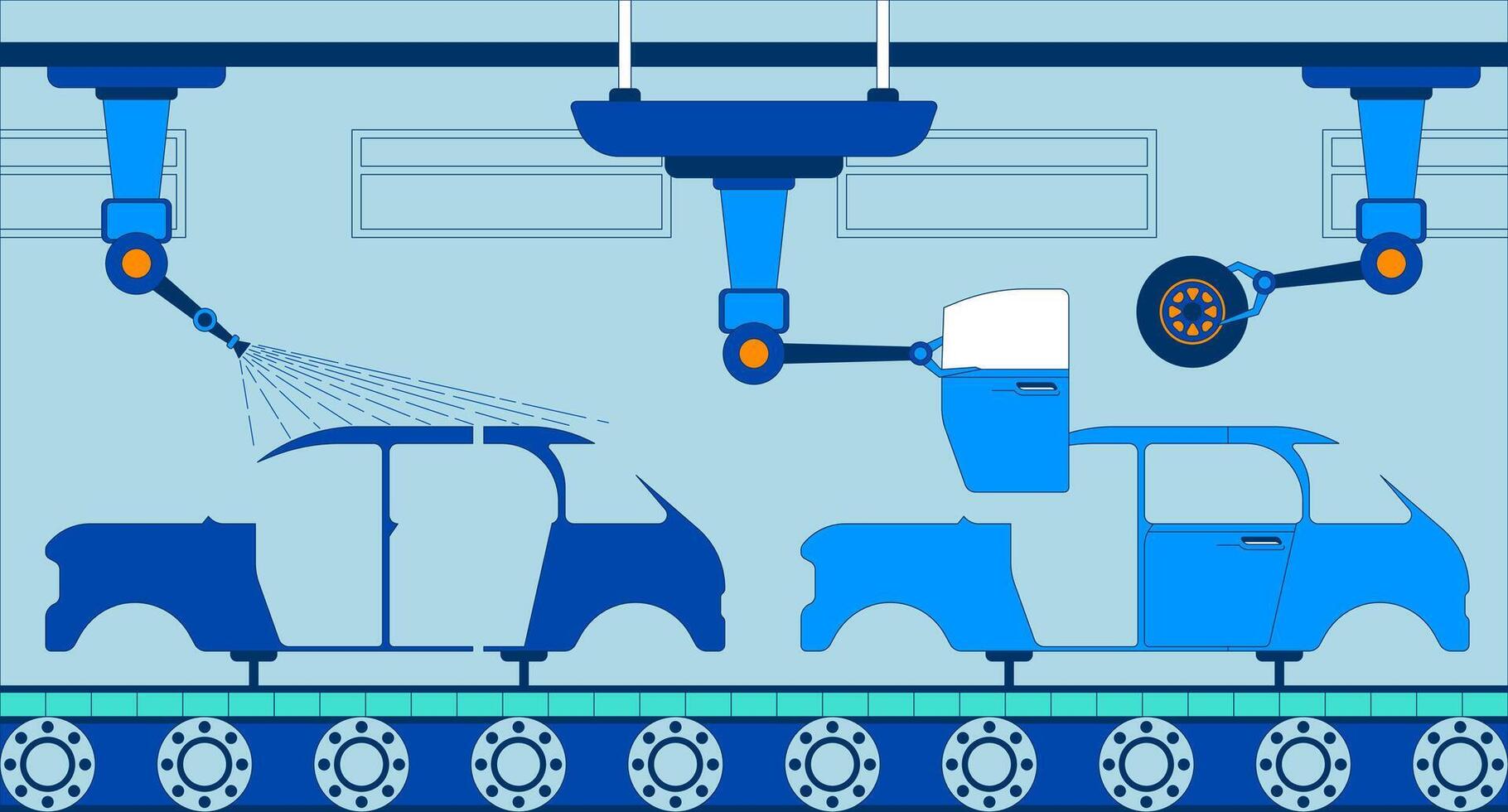 Automotive manufacturing line flat illustration. Revolutionized carmaker. Production line at car factory 2D interior cartoon background. Robotic arms assembling vehicles conveyor scene image vector