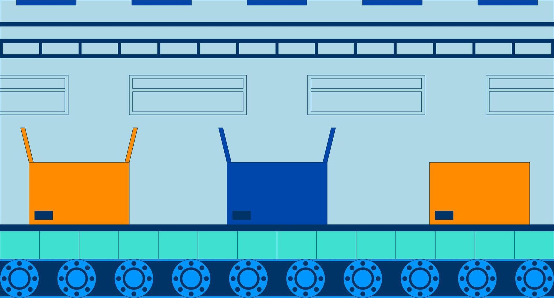 Conveyor belt boxes packing automation flat illustration. Logistics cardboard box sealing process automatic 2D interior cartoon background. Assembly operation in manufacturing scene image vector