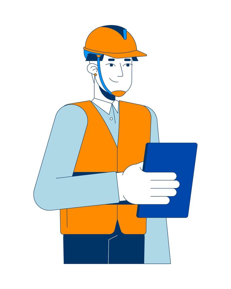Asian male manufacturing inspector holding tablet 2D cartoon character. Industrial coordinator in safety vest and helmet isolated person flat on white background. Spot illustration colorful vector
