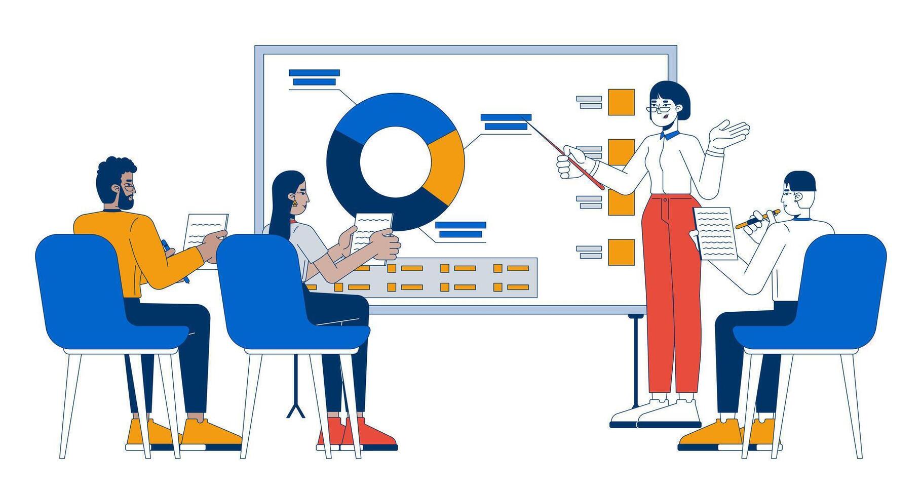 Office workers analytical meeting 2D cartoon characters. Whiteboard data presenter woman, diverse colleagues taking notes isolated people flat on white background. Spot illustration colorful vector