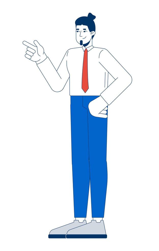 Confident suit tie business man gesture pointing finger 2D cartoon character. Caucasian boss aiming finger gun cheerful isolated person flat on white background. Spot illustration colorful vector