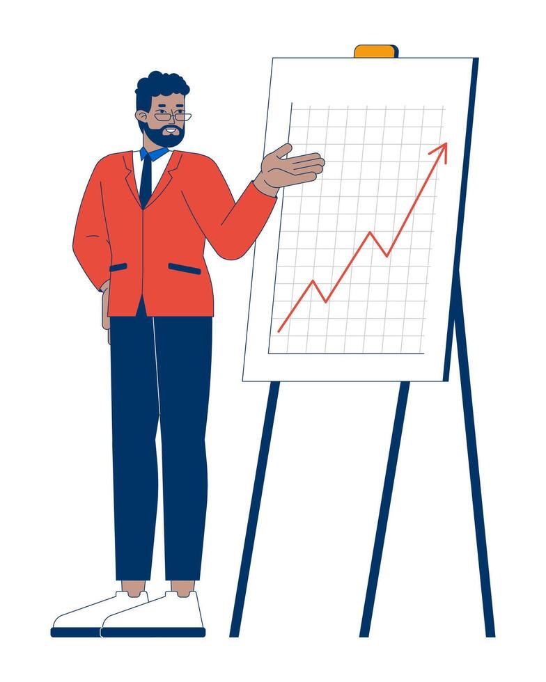 Black man manager pointing on line graph upward arrow easel 2D cartoon character. African american executive revenue growth isolated person flat on white background. Spot illustration colorful vector