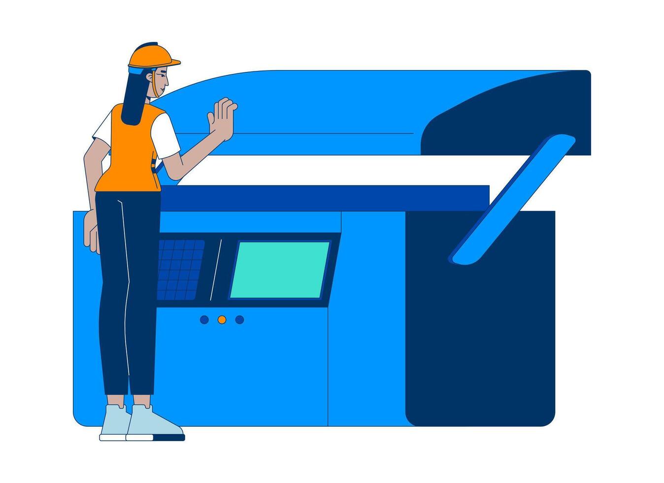 Industrial manufacturing press cartoon flat illustration. Arab woman hardhat operator working on hydraulic press brake machine 2D character isolated on white background. colorful image vector