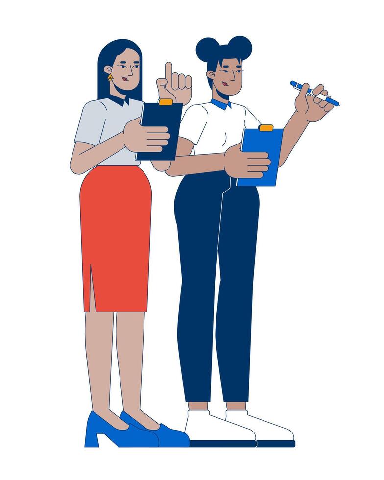 Diverse women administrators supervisors holding clipboards 2D cartoon characters. Females mentor mentee taking notes isolated people flat on white background. Spot illustration colorful vector