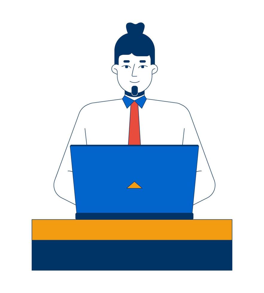Caucasian office worker man typing laptop at desk 2D cartoon character. Bearded male tie employee working notebook isolated person flat on white background. Spot illustration colorful vector