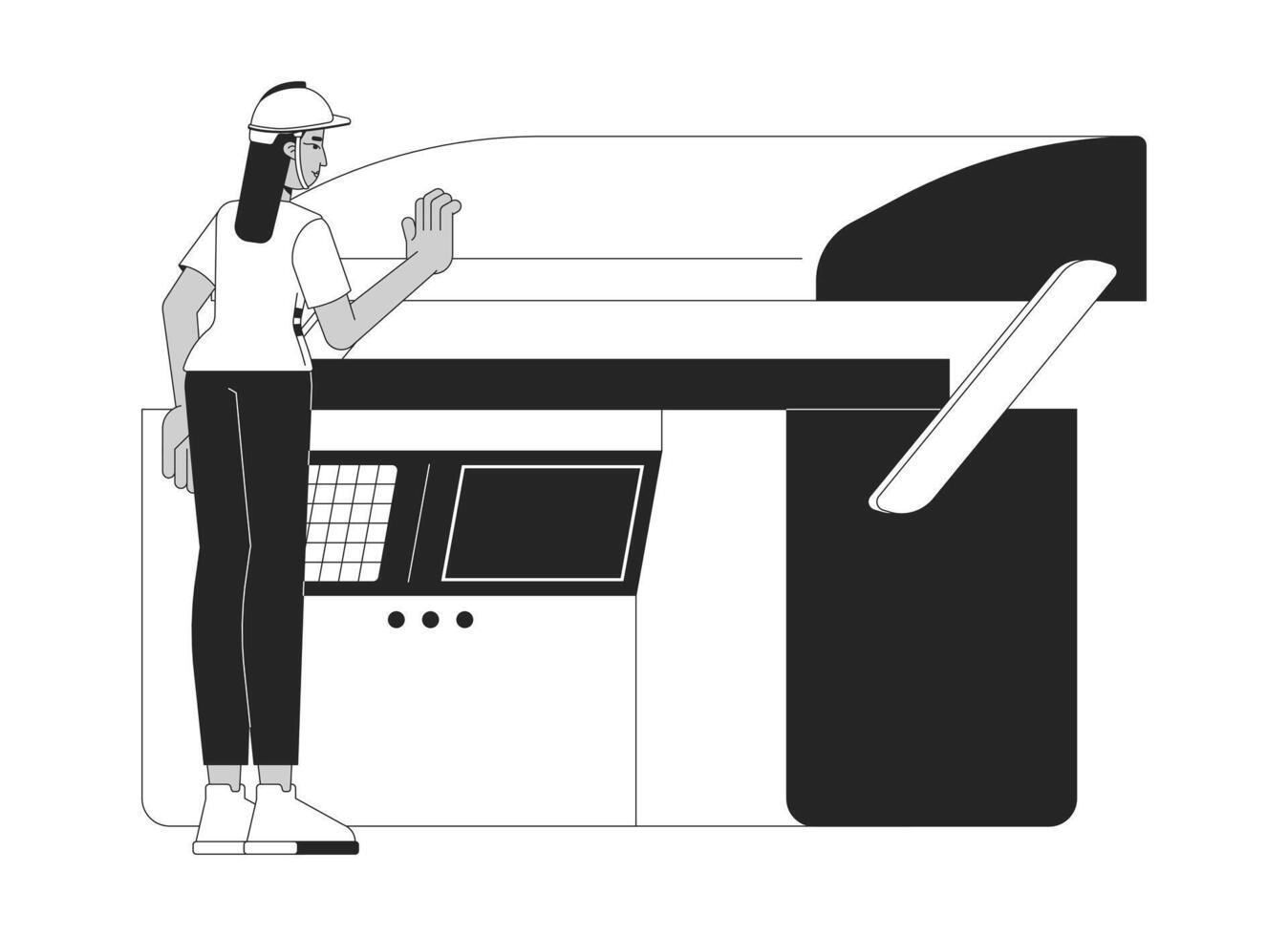 Industrial manufacturing press linear illustration. Arab woman hardhat operator working on hydraulic press brake machine 2D line character isolated on white. Monochrome outline image vector