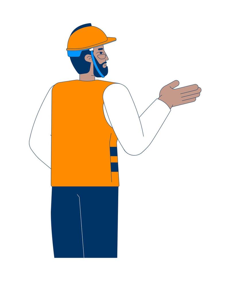Black male construction worker giving directions 2D cartoon character. Industrial supervisor in safety vest and hardhat isolated person flat on white background. Spot illustration colorful vector