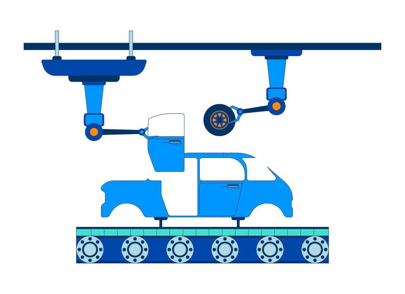 Car manufacturing process 2D cartoon object. Factory production line. Robotic arms attaching automobile wheel and door isolated element flat clipart on white background. Spot illustration vector