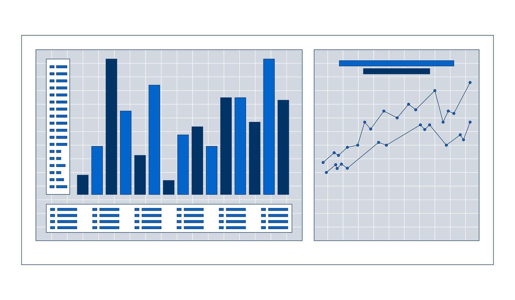 Bar chart and line graph on dashboard 2D cartoon object. Data analysis, comparison metrics on grid. Statistical reporting isolated element flat clipart on white background. Spot illustration vector