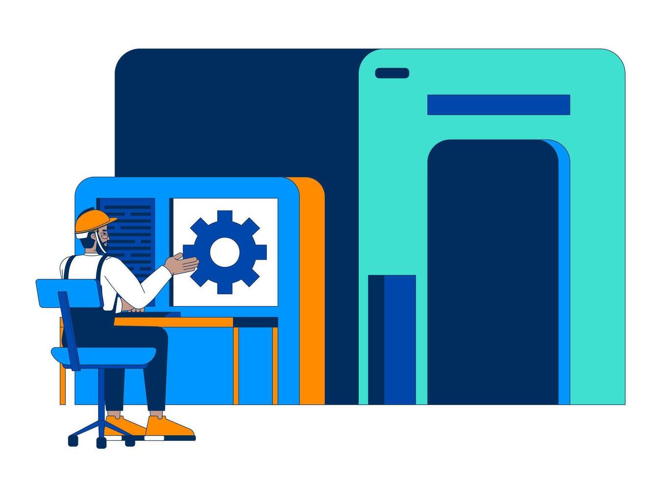 Black male engineer workstation operating industrial processes 2D cartoon character. Hardhat operator gear supervision isolated person flat on white background. Spot illustration colorful vector