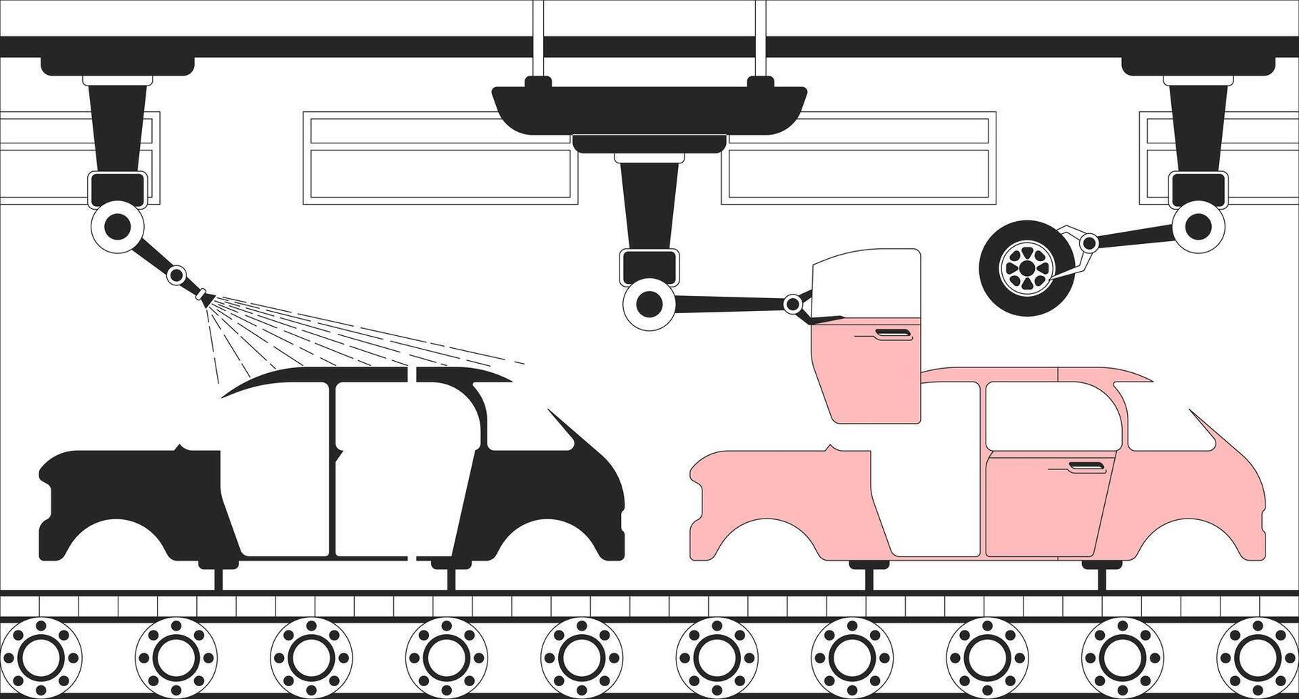 Automotive manufacturing line black and white illustration. Revolutionized carmaker. Production line at car factory 2D monochrome backdrop. Robotic arms assembling vehicles conveyor outline vector