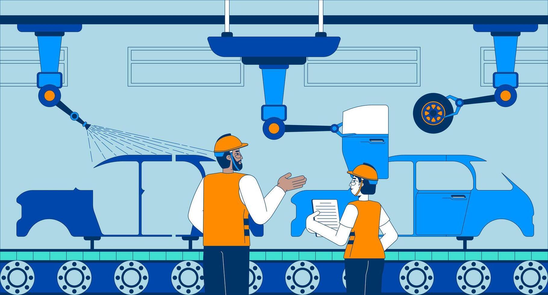 Manufacturing automobile industry flat illustration. Auto factory workers supervising assembling motor vehicles 2D characters cartoon background. Automaker process scene storytelling image vector