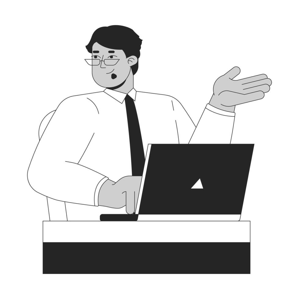 Shrugging arab man office worker typing laptop at desk black and white 2D line character. Middle eastern male employee working notebook isolated outline person. Monochromatic spot illustration vector