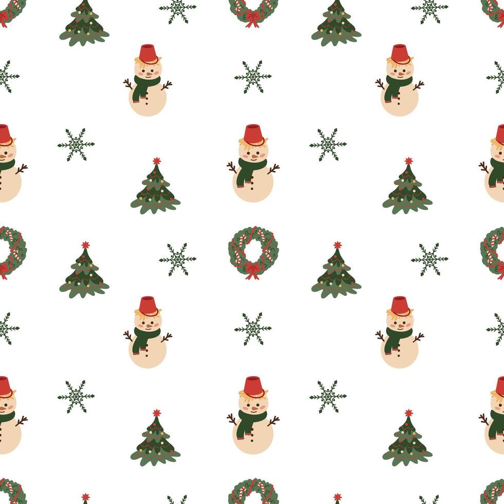 Christmas pattern with Santa, snowman, wreath and snowflakes. Used for wrapping paper, gift boxes, wallpaper vector