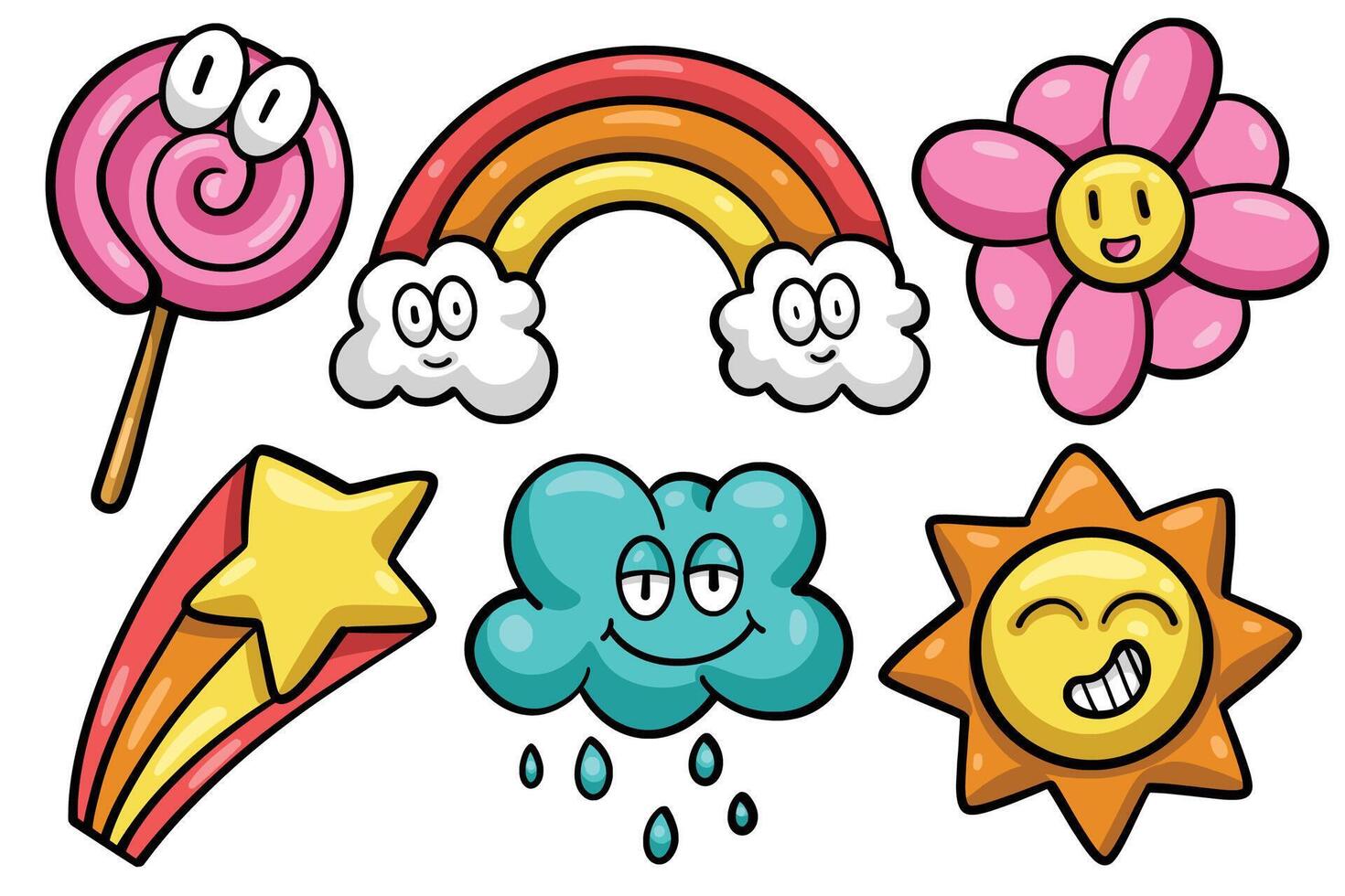 Set of Hand drawn trendy cartoon element. collection of lollipop, cloud rainbow, flower, star, rain cloud, sun Isolated vector