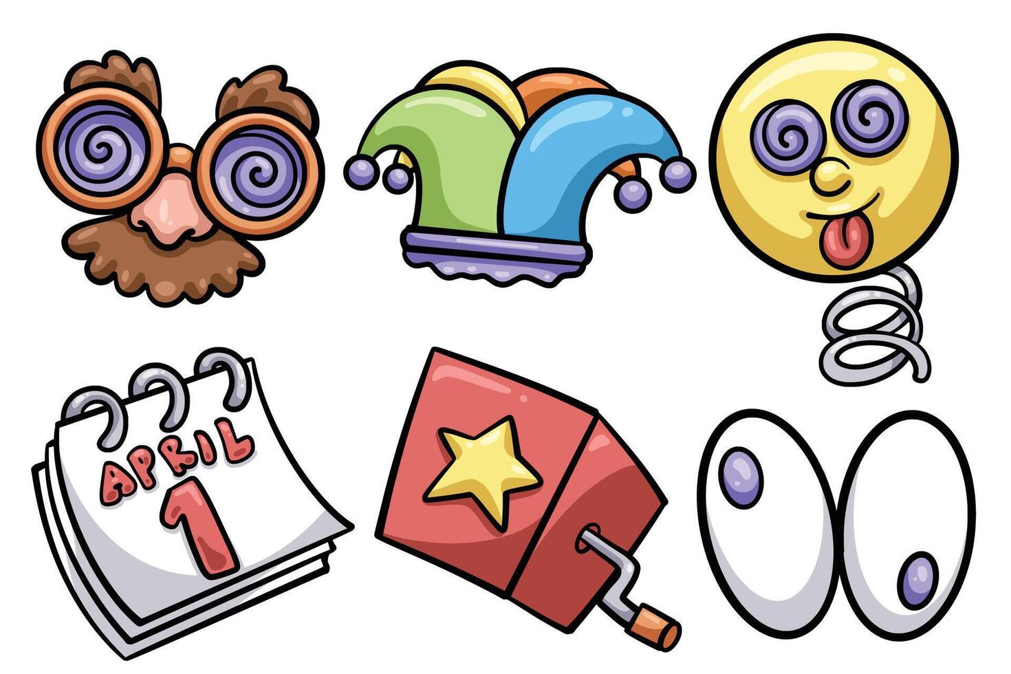 Set of Hand drawn april fools day cartoon element. collection of mask, jester hat, smile face, calender, surprise box, eyes Isolated vector