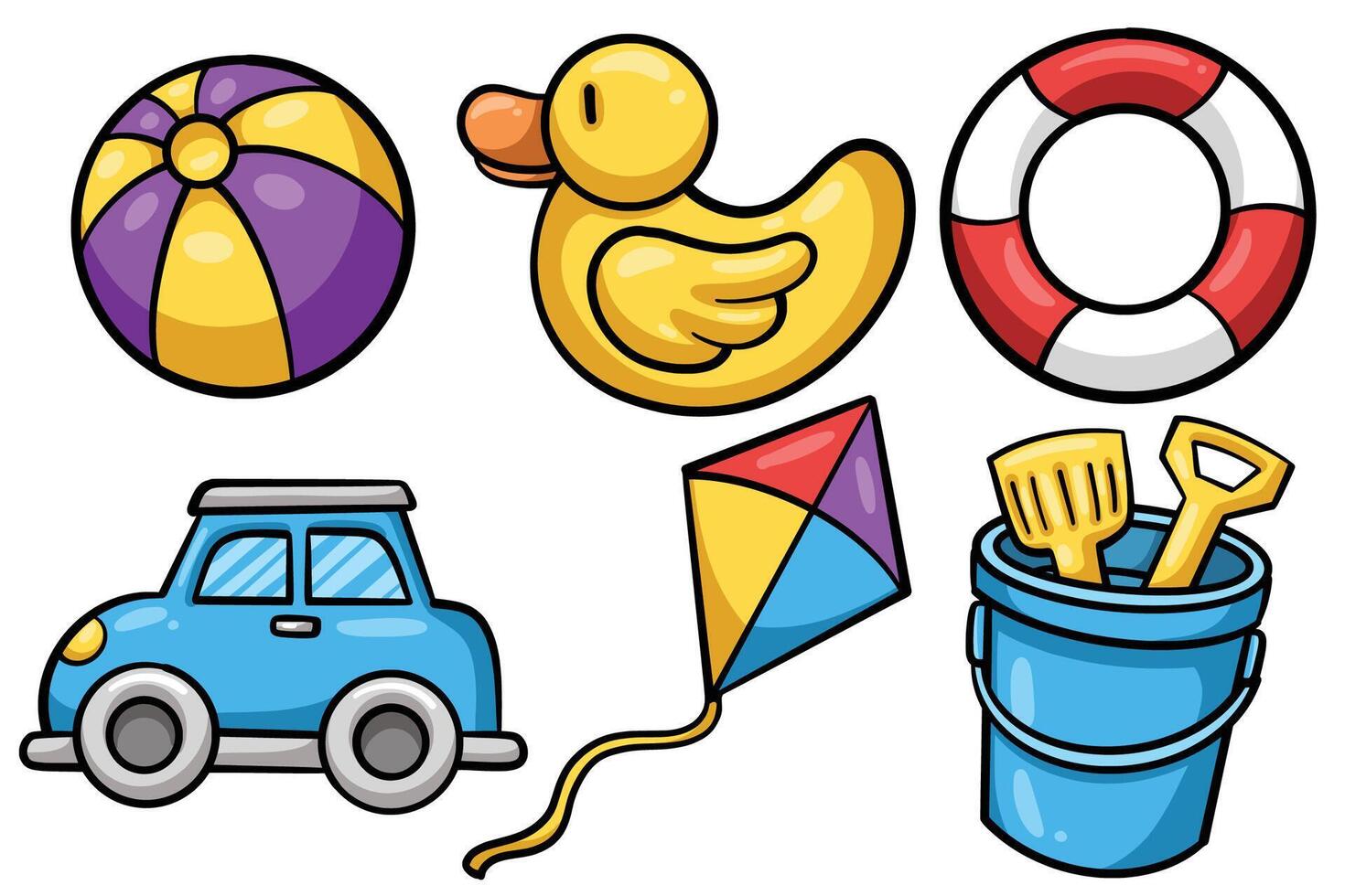 Set of Hand drawn kids toys element. collection of ball, duck, lifebuoy, car, kite, sand bucket Isolated vector