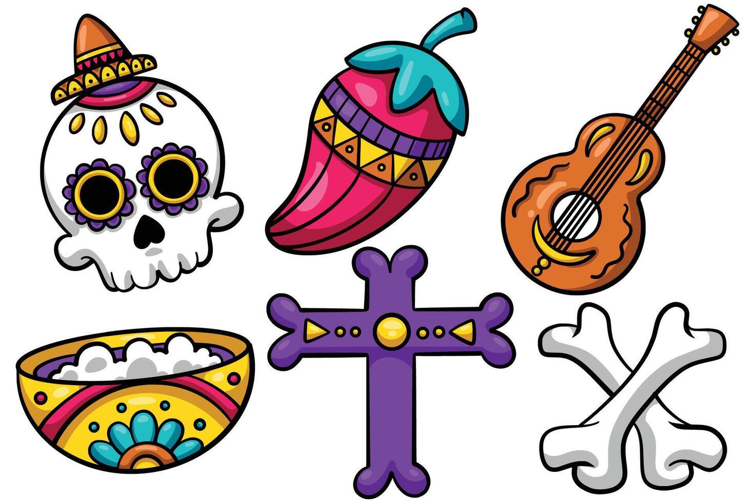 Set of Hand drawn dia de los muertos element. collection of mexican skull, chili, guitar, bowl, cross, skull Isolated vector