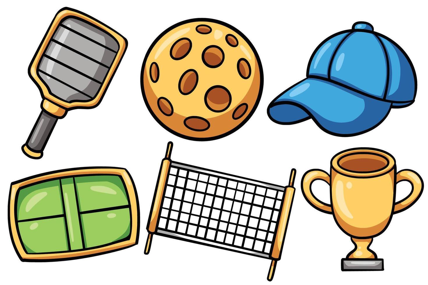 Set of Hand drawn pickle ball game element. collection of bat, ball, hat, net, trophy Isolated vector