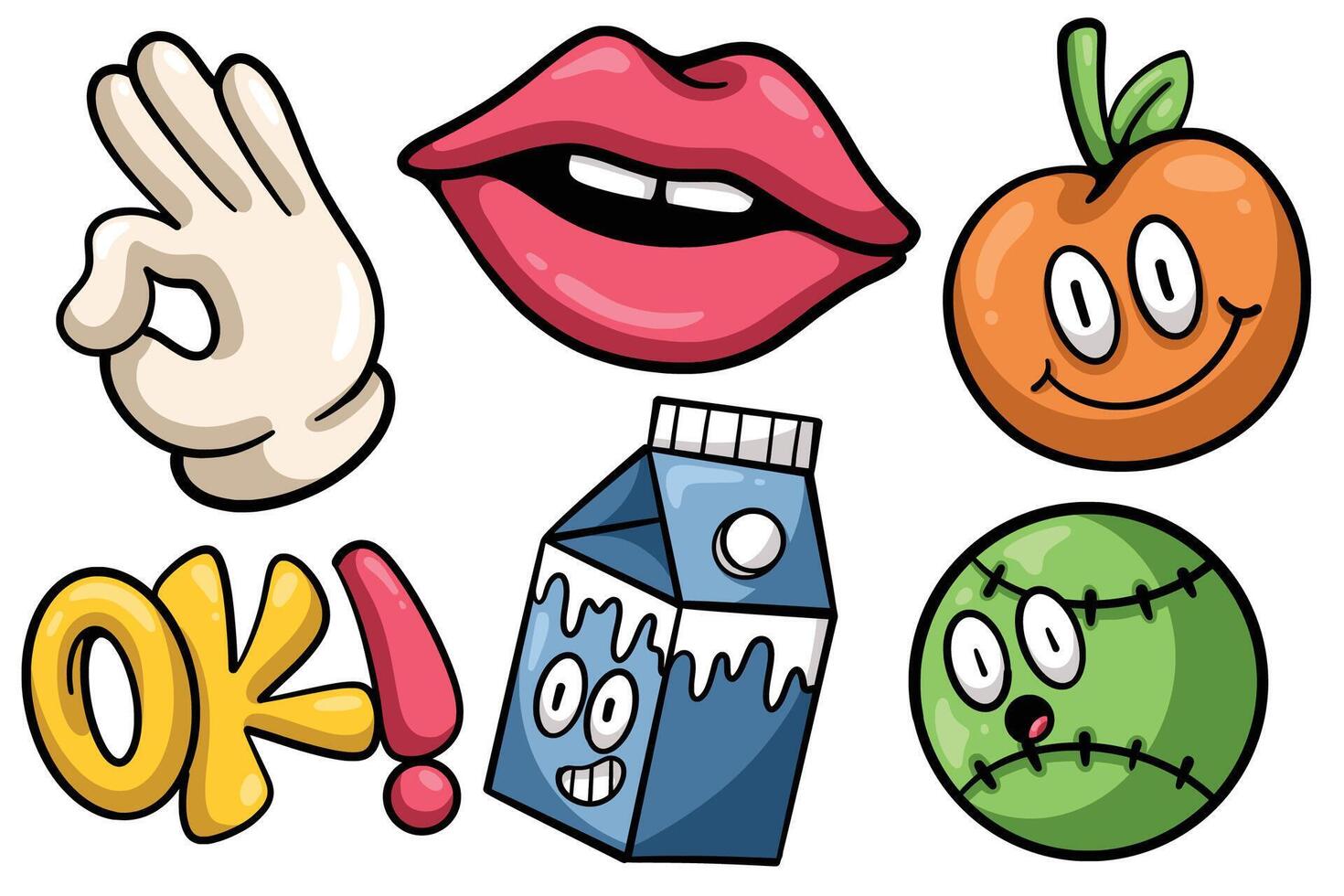 Set of Hand drawn trendy cartoon element. collection of hand, lips, orange, ok, milk, baseball Isolated vector