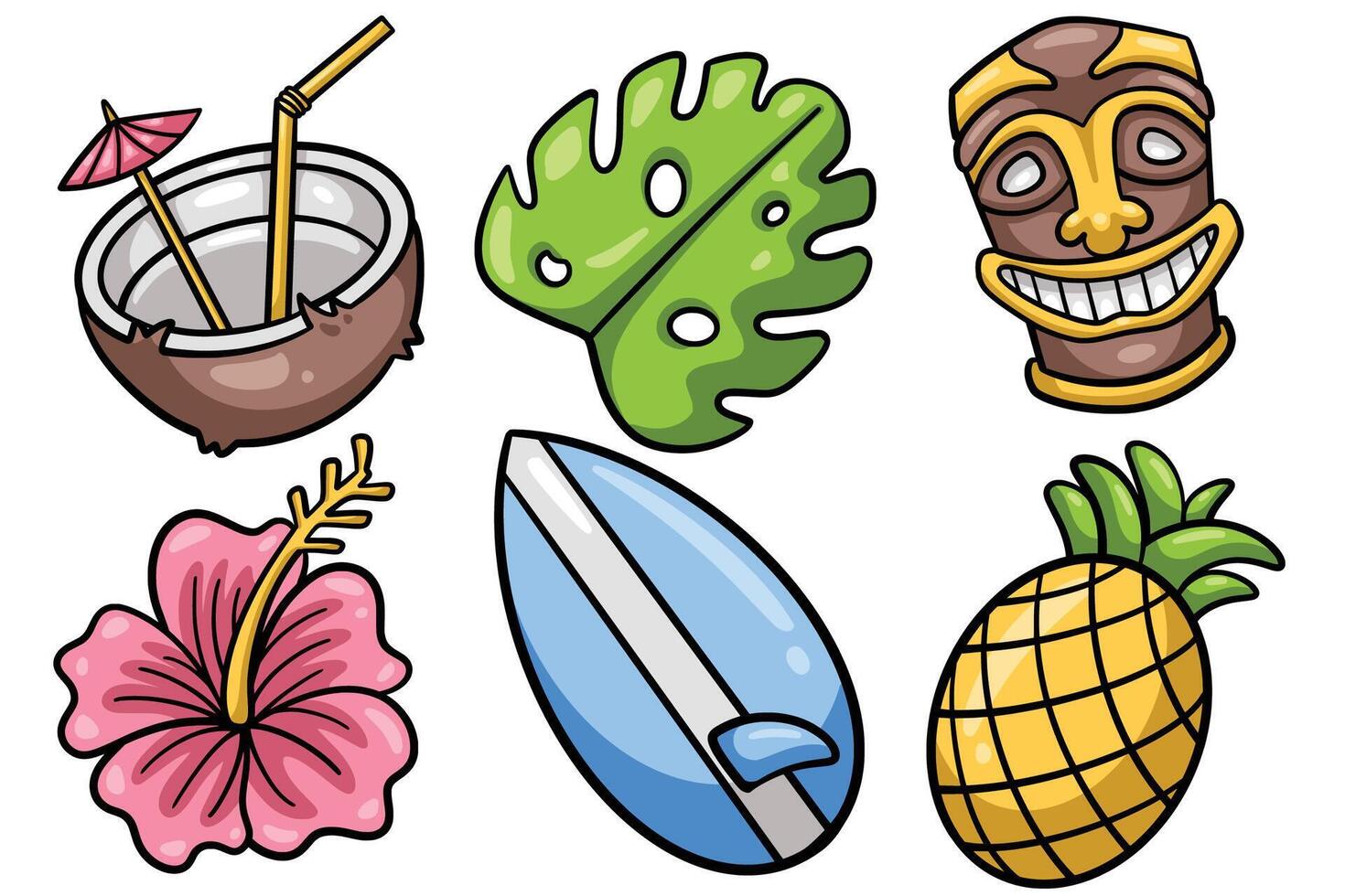 Set of Hand drawn hawaii element. collection of coconut, monstera, tiki mask, hibiscus, surfboard, pineapple Isolated vector