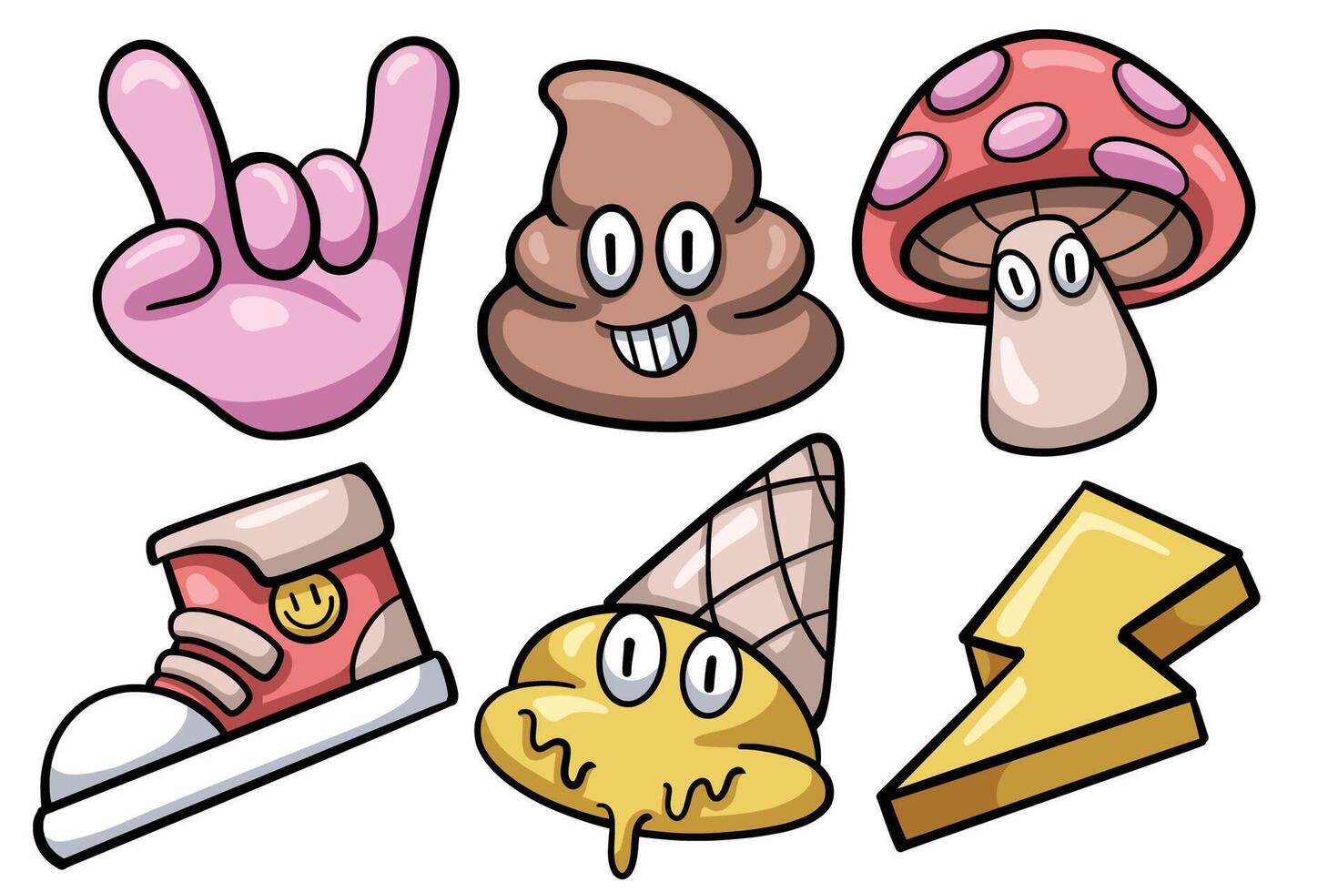 Set of Hand drawn trendy cartoon element. collection of Cool hand, , mushroom, sneakers, drop ice cream, lightning Isolated vector