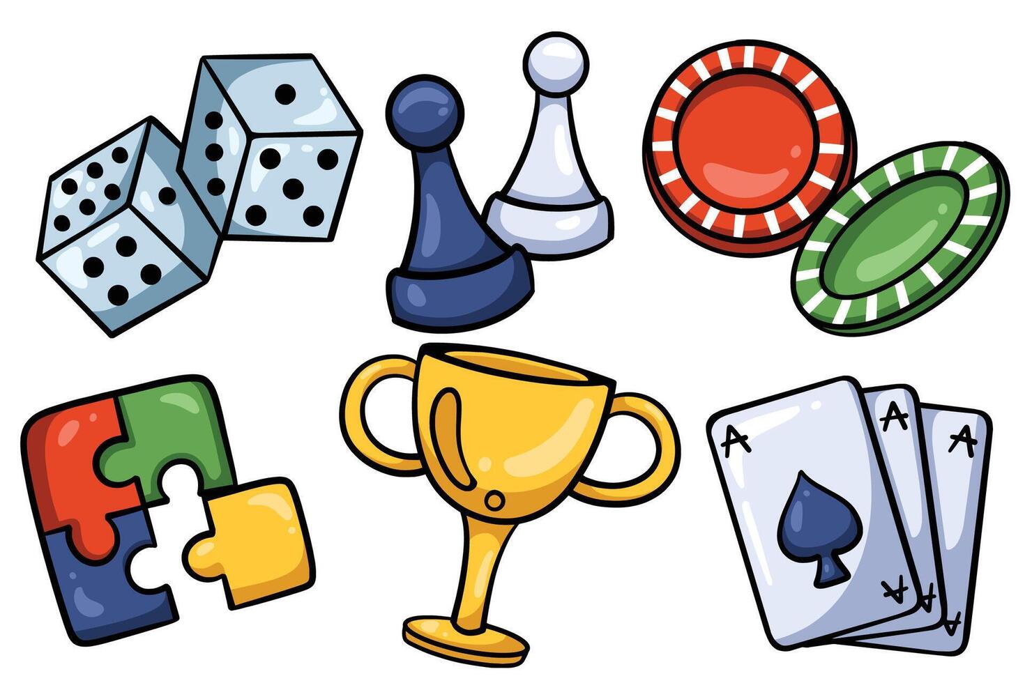 Set of Hand drawn board game element. collection of dice, chess, chips, puzzle, trophy, card Isolated vector