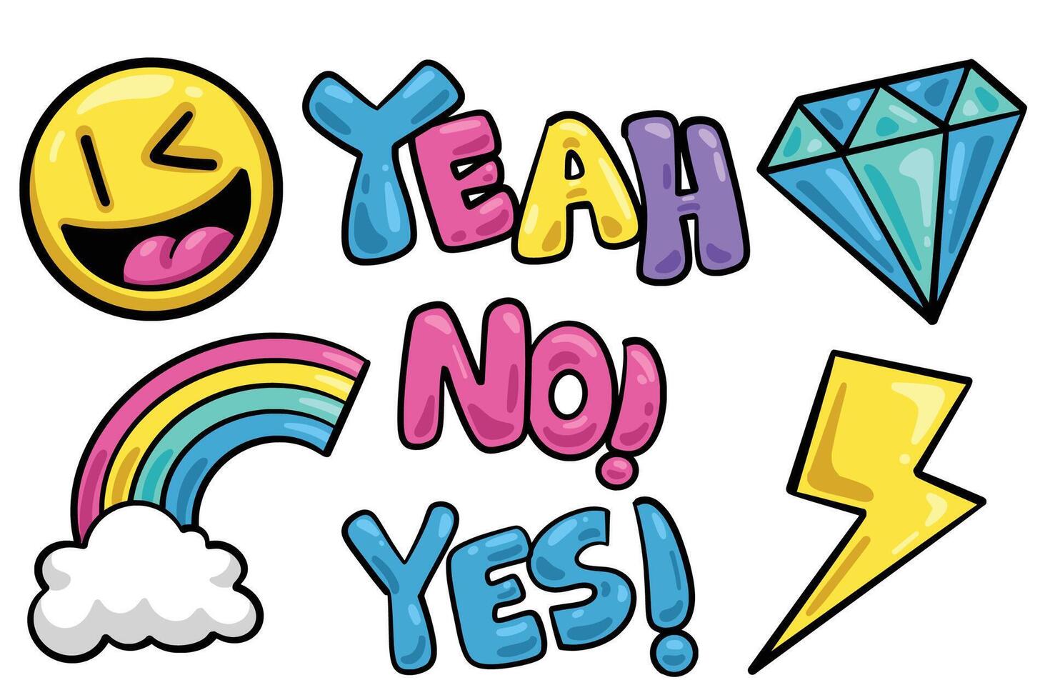 Set of Hand drawn funny lol stickers element. collection of smile face, yeah, diamond, rainbow cloud, no, yes, thunder Isolated vector