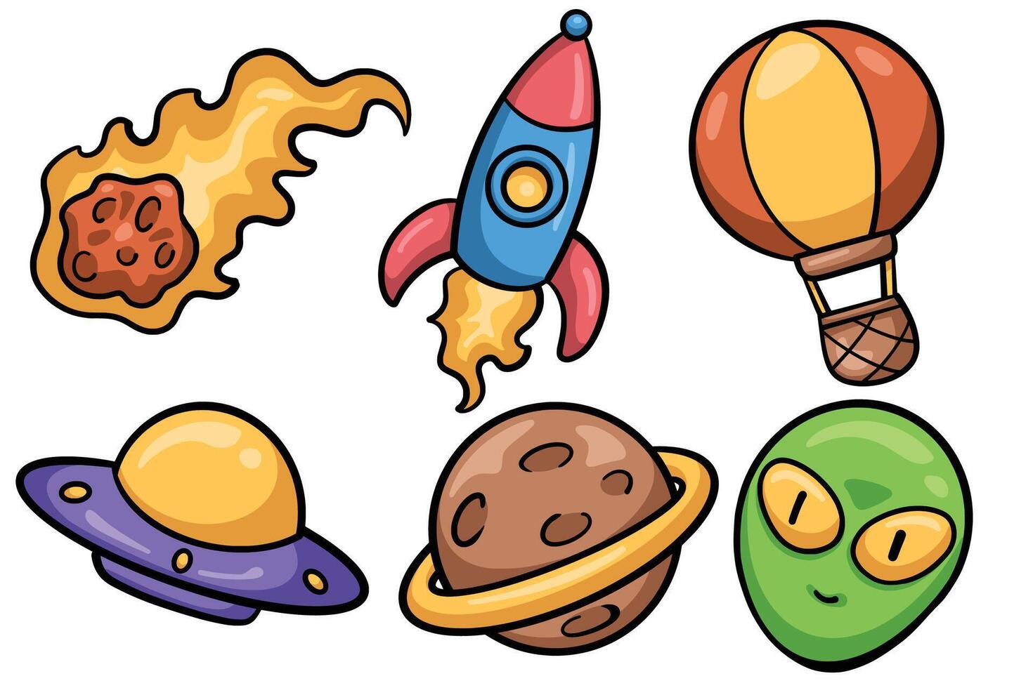 Set of Hand drawn trendy cartoon element. collection of meteor, rocket, air balloon, ufo, saturn, alien Isolated vector