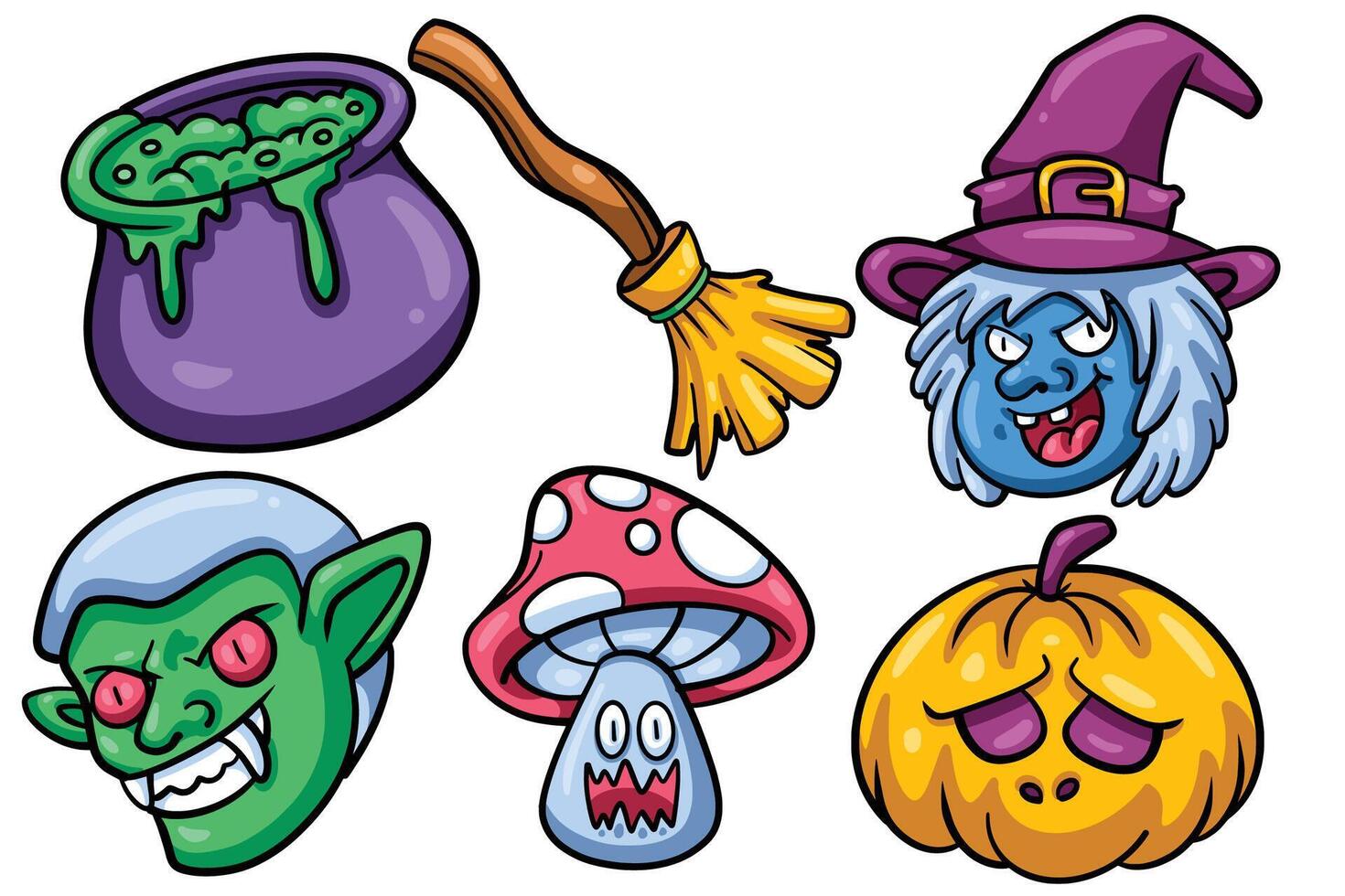 Set of Hand drawn halloween element. collection of cauldron, witch broom, dracula, mushroom, pumpkin Isolated vector