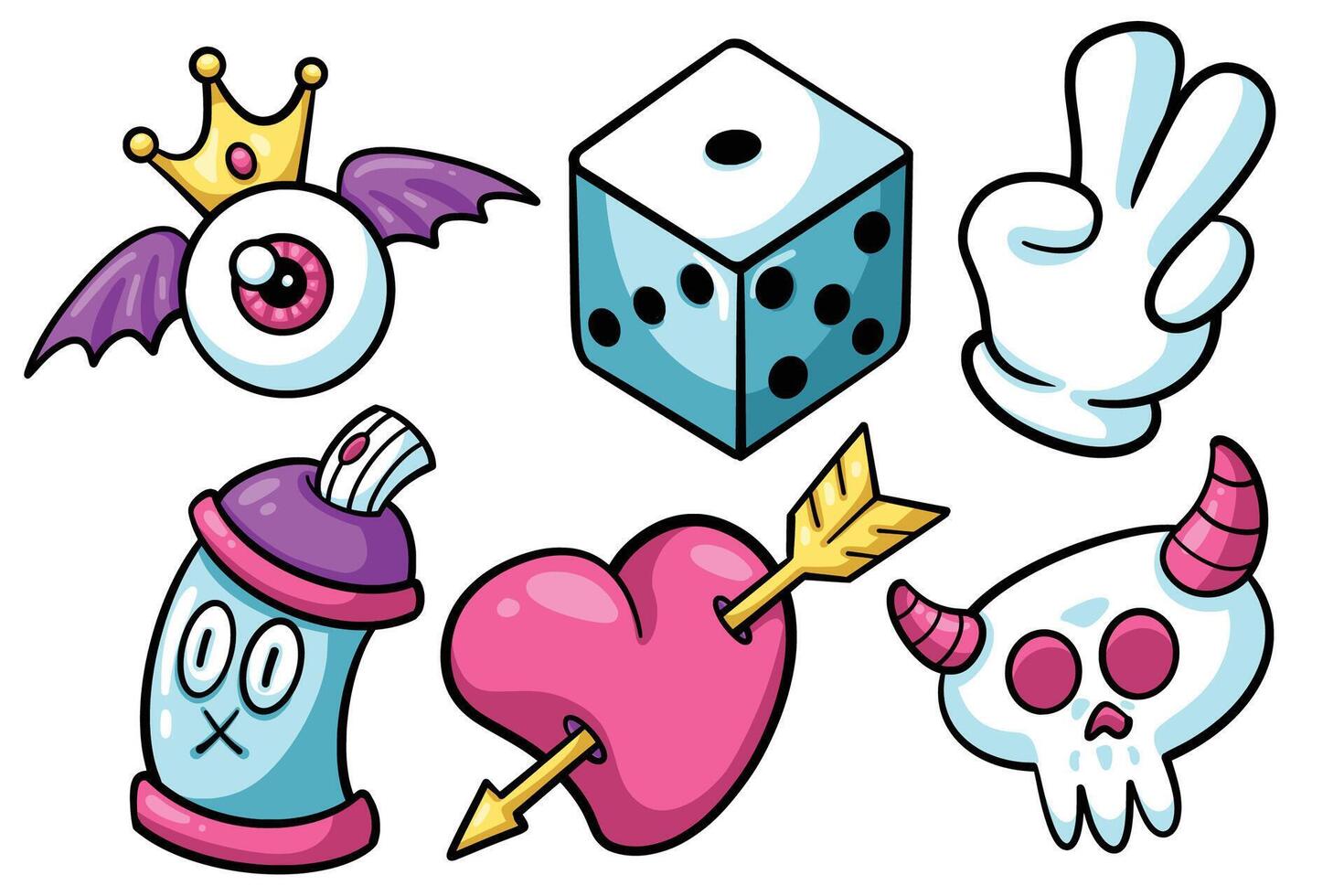Set of Hand drawn trendy cartoon element. collection of demon eyes, dice cube, peace hand, spray paint, love arrow, skull Isolated vector