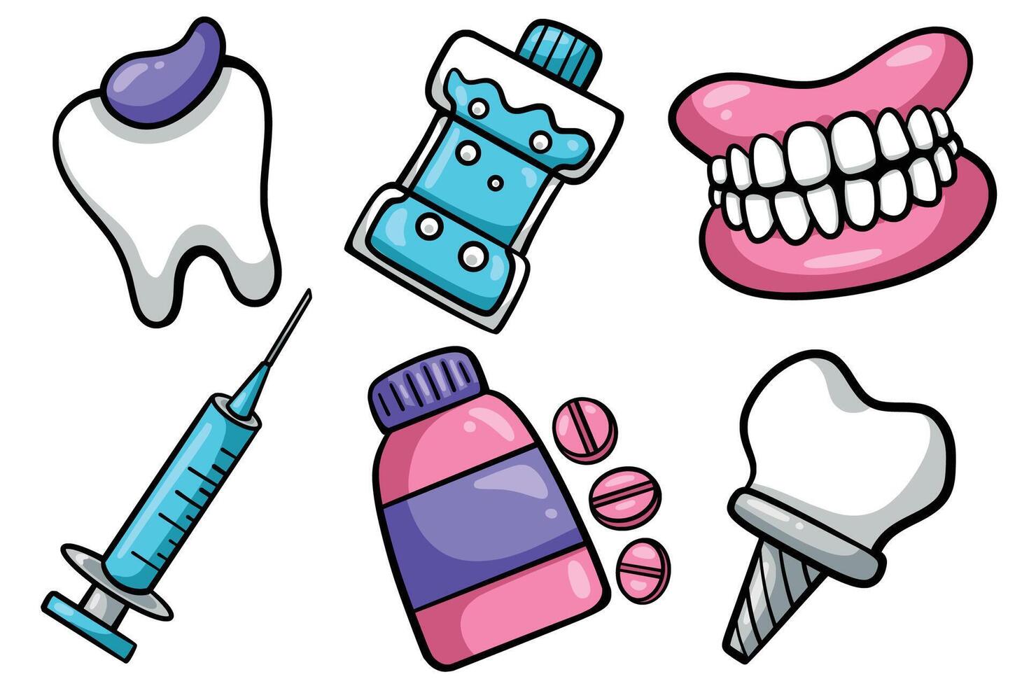 Set of Hand drawn dental element. collection of tooth, teeth generic, syringe, medicine bottle, implanted teeth Isolated vector