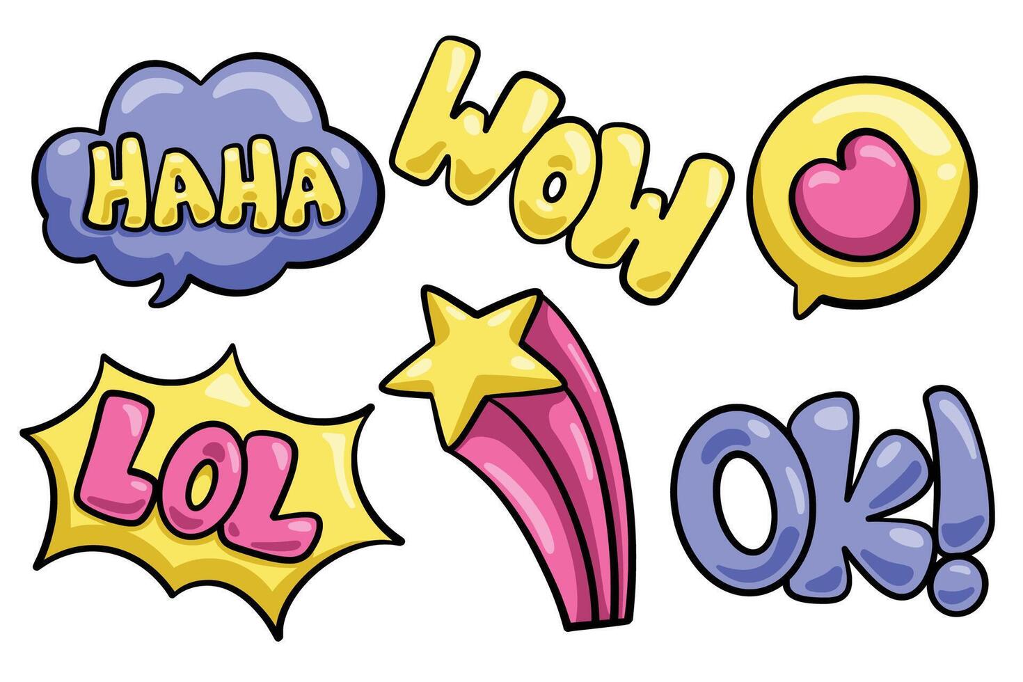 Set of Hand drawn funny lol stickers element. collection of haha, wow, love, lol, star, ok Isolated vector