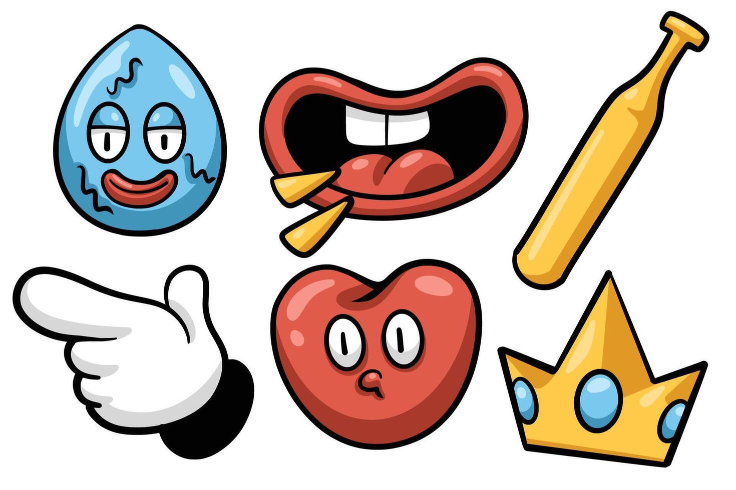 Set of Hand drawn trendy cartoon element. collection of water drop, mouth talking, baseball bat, hand pointing, love, crown Isolated vector